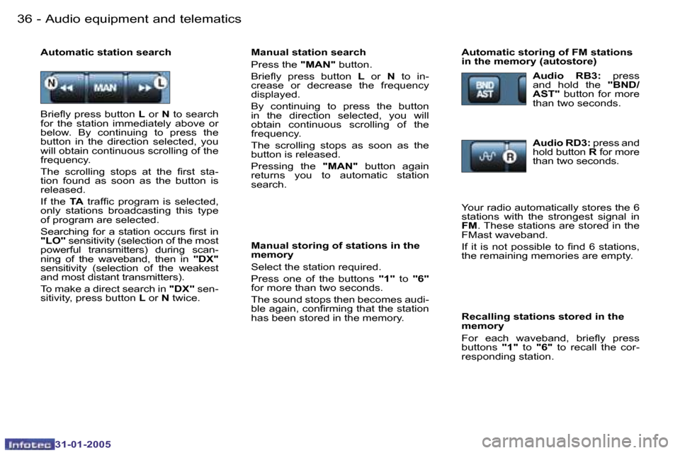 Peugeot 206 Dag 2004.5  Owners Manual �3�6 �-
�3�1�-�0�1�-�2�0�0�5
�3�7
�-
�3�1�-�0�1�-�2�0�0�5
�M�a�n�u�a�l� �s�t�a�t�i�o�n� �s�e�a�r�c�h 
�P�r�e�s�s� �t�h�e�  �"�M�A�N�"� �b�u�t�t�o�n�.
�B�r�i�e�l�y�  �p�r�e�s�s�  �b�u�t�t�o�n�  �L�  �o