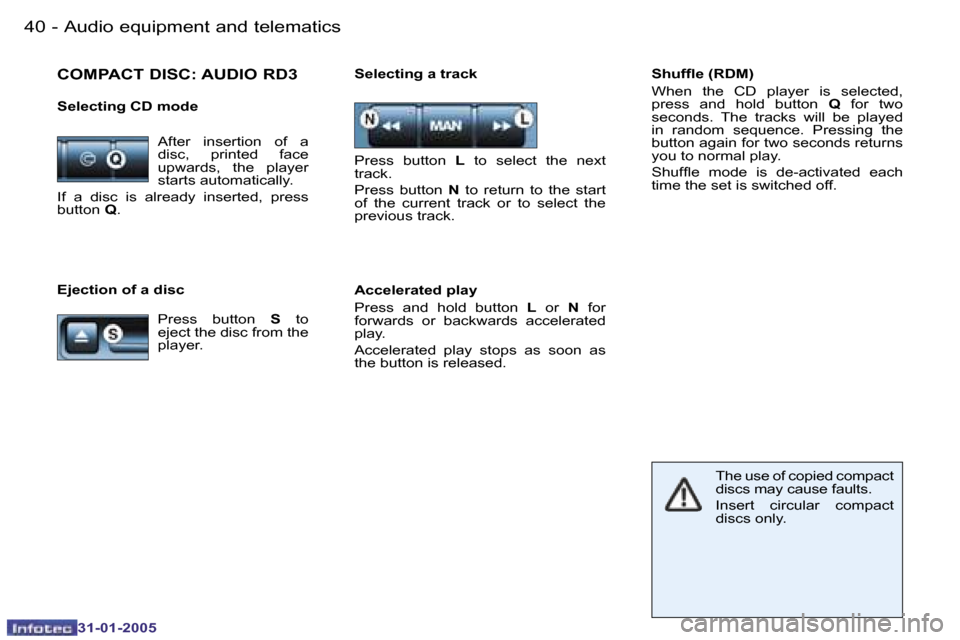 Peugeot 206 Dag 2004.5  Owners Manual �4�0 �-
�3�1�-�0�1�-�2�0�0�5
�4�1
�-
�3�1�-�0�1�-�2�0�0�5
�E�j�e�c�t�i�o�n� �o�f� �a� �d�i�s�c �S�e�l�e�c�t�i�n�g� �a� �t�r�a�c�k �S�h�u�f�l�e� �(�R�D�M�)
�W�h�e�n�  �t�h�e�  �C�D�  �p�l�a�y�e�r�  �i�