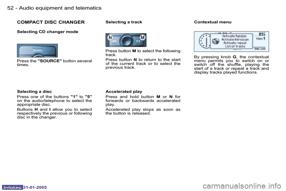 Peugeot 206 Dag 2004.5  Owners Manual �5�2 �-
�3�1�-�0�1�-�2�0�0�5
�5�3
�-
�3�1�-�0�1�-�2�0�0�5
�P�r�e�s�s� �b�u�t�t�o�n�  �M� �t�o� �s�e�l�e�c�t� �t�h�e� �f�o�l�l�o�w�i�n�g� 
�t�r�a�c�k�. 
�P�r�e�s�s�  �b�u�t�t�o�n�  �N�  �t�o�  �r�e�t�u