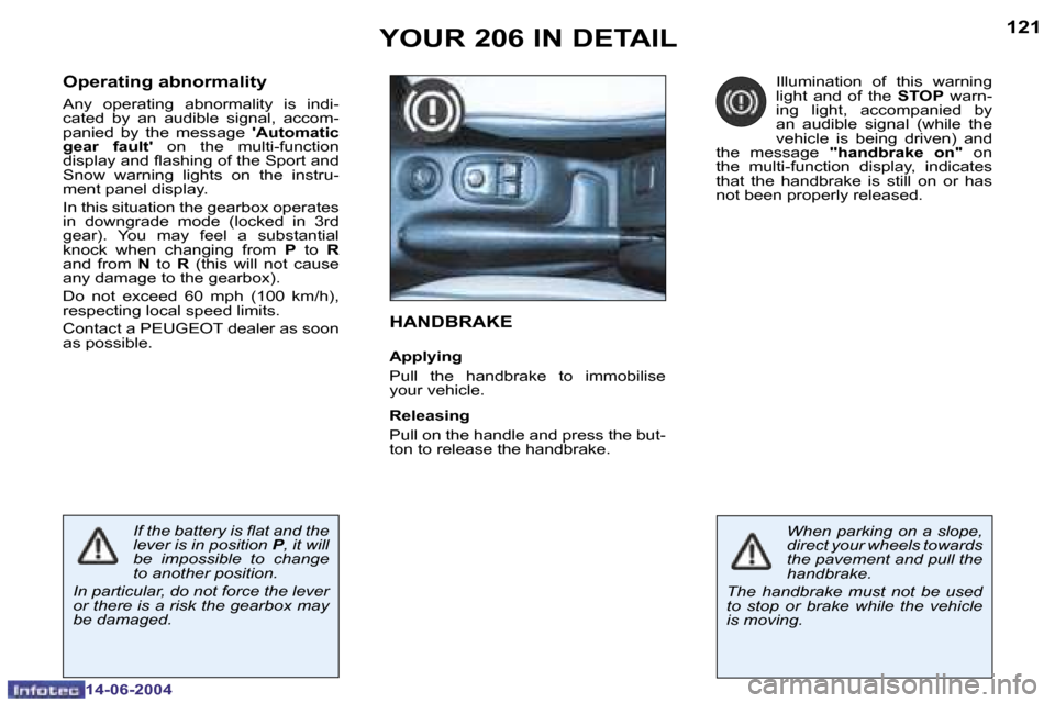 Peugeot 206 Dag 2004  Owners Manual �1�2�0
�1�4�-�0�6�-�2�0�0�4
�1�2�1
�1�4�-�0�6�-�2�0�0�4
�Y�O�U�R� �2�0�6� �I�N� �D�E�T�A�I�L�H�A�N�D�B�R�A�K�E
�A�p�p�l�y�i�n�g 
�P�u�l�l�  �t�h�e�  �h�a�n�d�b�r�a�k�e�  �t�o�  �i�m�m�o�b�i�l�i�s�e�  