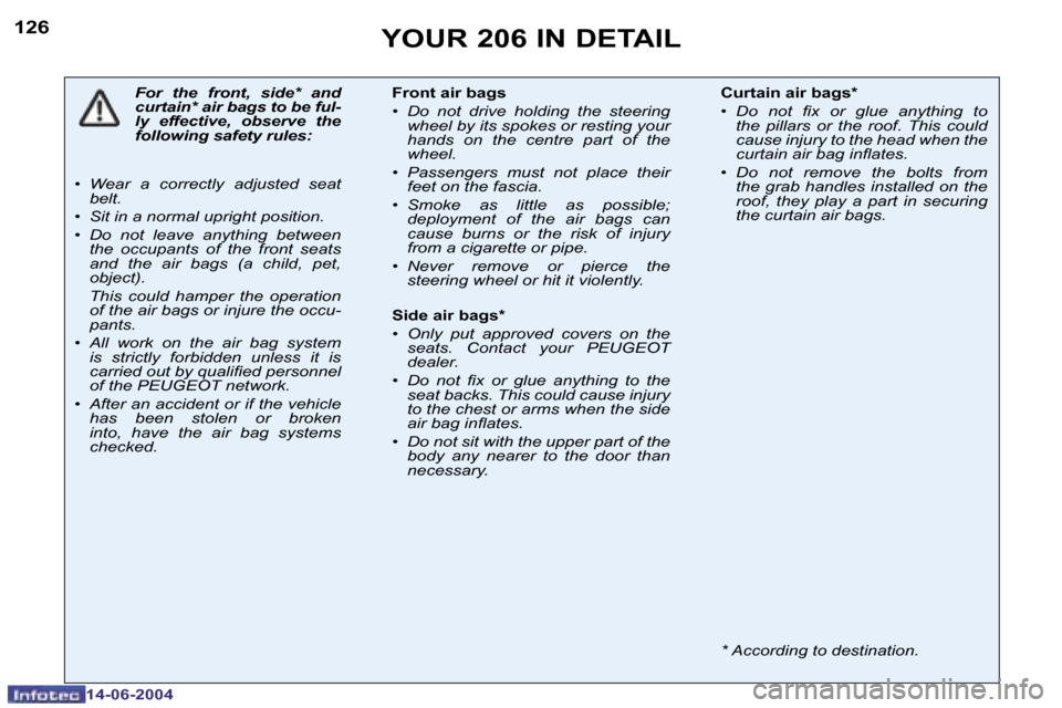 Peugeot 206 Dag 2004  Owners Manual �1�2�6
�1�4�-�0�6�-�2�0�0�4
�Y�O�U�R� �2�0�6� �I�N� �D�E�T�A�I�L
�F�o�r�  �t�h�e�  �f�r�o�n�t�,�  �s�i�d�e�*�  �a�n�d�  
�c�u�r�t�a�i�n�*� �a�i�r� �b�a�g�s� �t�o� �b�e� �f�u�l�-
�l�y�  �e�f�f�e�c�t�i�