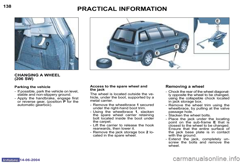 Peugeot 206 Dag 2004  Owners Manual �1�3�8
�1�4�-�0�6�-�2�0�0�4
�1�3�9
�1�4�-�0�6�-�2�0�0�4
�P�R�A�C�T�I�C�A�L� �I�N�F�O�R�M�A�T�I�O�N
�A�c�c�e�s�s� �t�o� �t�h�e� �s�p�a�r�e� �w�h�e�e�l� �a�n�d�  
�t�h�e� �j�a�c�k 
�T�h�e� �w�h�e�e�l� �