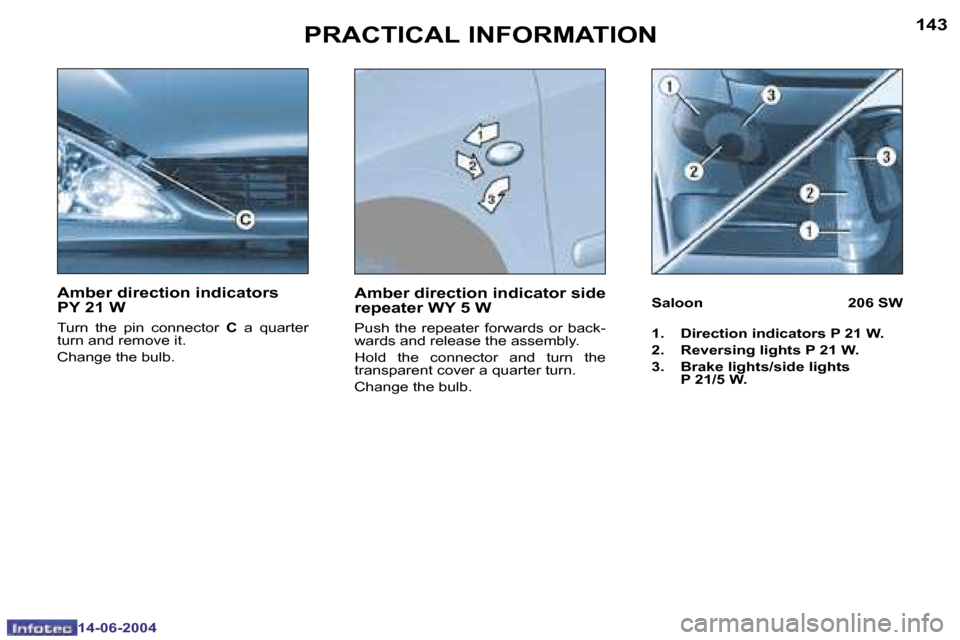 Peugeot 206 Dag 2004  Owners Manual �1�4�2
�1�4�-�0�6�-�2�0�0�4
�1�4�3
�1�4�-�0�6�-�2�0�0�4
�P�R�A�C�T�I�C�A�L� �I�N�F�O�R�M�A�T�I�O�N
�A�m�b�e�r� �d�i�r�e�c�t�i�o�n� �i�n�d�i�c�a�t�o�r�s�  
�P�Y� �2�1� �W
�T�u�r�n�  �t�h�e�  �p�i�n�  �