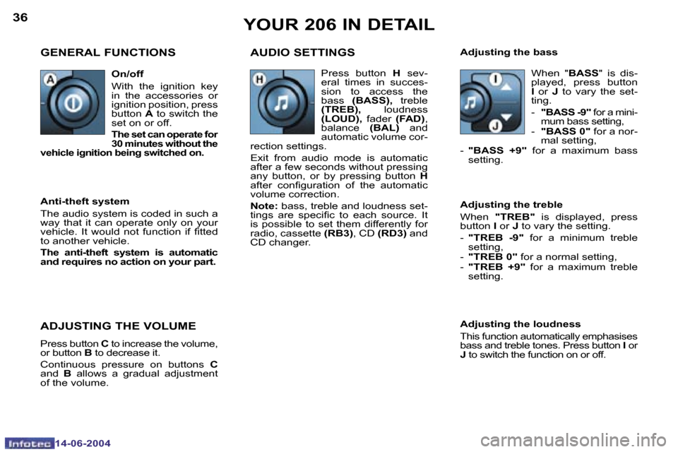 Peugeot 206 Dag 2004  Owners Manual �3�6
�1�4�-�0�6�-�2�0�0�4
�3�7
�1�4�-�0�6�-�2�0�0�4
�Y�O�U�R� �2�0�6� �I�N� �D�E�T�A�I�L
�G�E�N�E�R�A�L� �F�U�N�C�T�I�O�N�S �A�U�D�I�O� �S�E�T�T�I�N�G�S
�A�d�j�u�s�t�i�n�g� �t�h�e� �l�o�u�d�n�e�s�s 
�