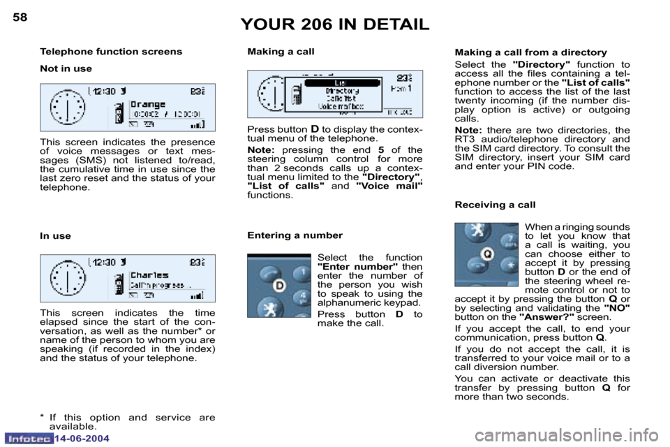 Peugeot 206 Dag 2004  Owners Manual �5�8
�1�4�-�0�6�-�2�0�0�4
�5�9
�1�4�-�0�6�-�2�0�0�4
�T�e�l�e�p�h�o�n�e� �f�u�n�c�t�i�o�n� �s�c�r�e�e�n�s 
�N�o�t� �i�n� �u�s�e 
�I�n� �u�s�e
�Y�O�U�R� �2�0�6� �I�N� �D�E�T�A�I�L
�T�h�i�s�  �s�c�r�e�e�