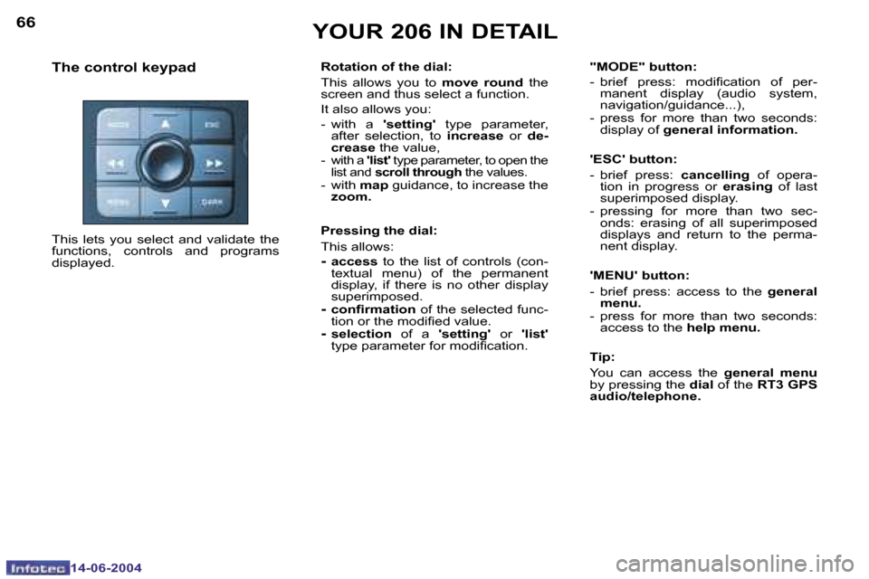 Peugeot 206 Dag 2004  Owners Manual �6�6
�1�4�-�0�6�-�2�0�0�4
�6�7
�1�4�-�0�6�-�2�0�0�4
�Y�O�U�R� �2�0�6� �I�N� �D�E�T�A�I�L
�T�h�e� �c�o�n�t�r�o�l� �k�e�y�p�a�d
�T�h�i�s�  �l�e�t�s�  �y�o�u�  �s�e�l�e�c�t�  �a�n�d�  �v�a�l�i�d�a�t�e�  