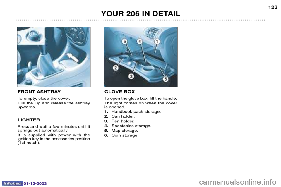 Peugeot 206 Dag 2003.5  Owners Manual 01-12-2003
YOUR 206 IN DETAIL123
FRONT ASHTRAY  






 

LIGHTER 

			
	 
		

 
3
