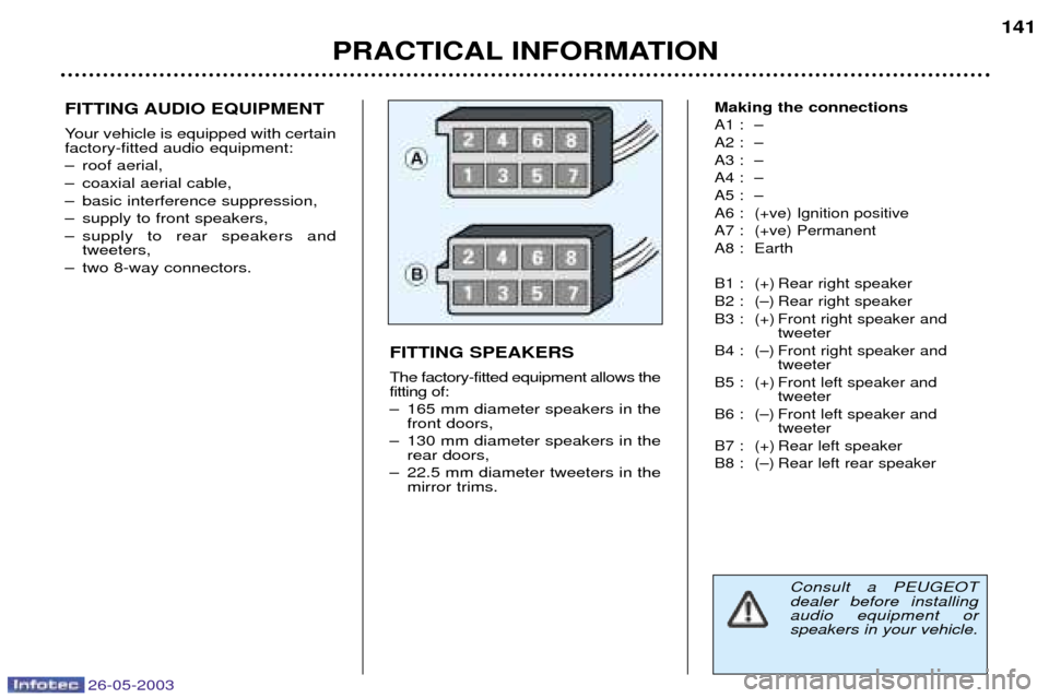 Peugeot 206 Dag 2003  Owners Manual 26-05-2003
PRACTICAL INFORMATION141
FITTING AUDIO EQUIPMENT 
Your vehicle is equipped with certain factory-fitted audio equipment: 
Ð roof aerial,
Ð coaxial aerial cable,
Ð basic interference suppr