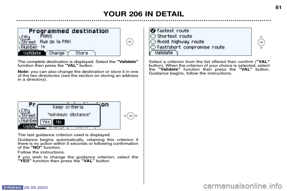 Peugeot 206 Dag 2003  Owners Manual 26-05-2003
YOUR 206 IN DETAIL61
The complete destination is displayed. Select the 
"Validate"
function then press the  "VAL"button.
Note:  you can also change the destination or store it in one
of the