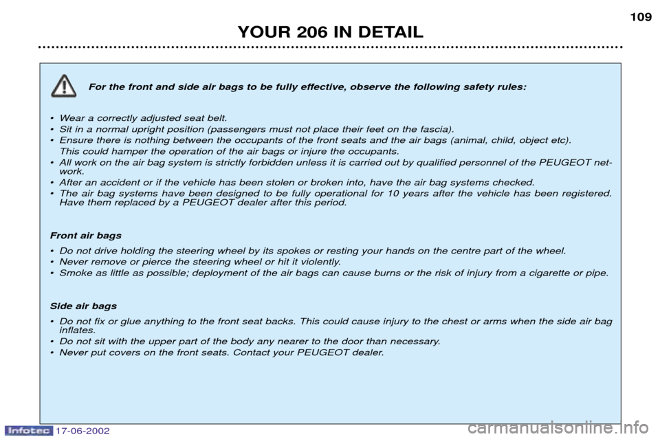Peugeot 206 Dag 2002  Owners Manual 17-06-2002
YOUR 206 IN DETAIL109
For the front and side air bags to be fully effective, observe the following safety rules:
¥ Wear a correctly adjusted seat belt. 
¥ Sit in a normal upright position