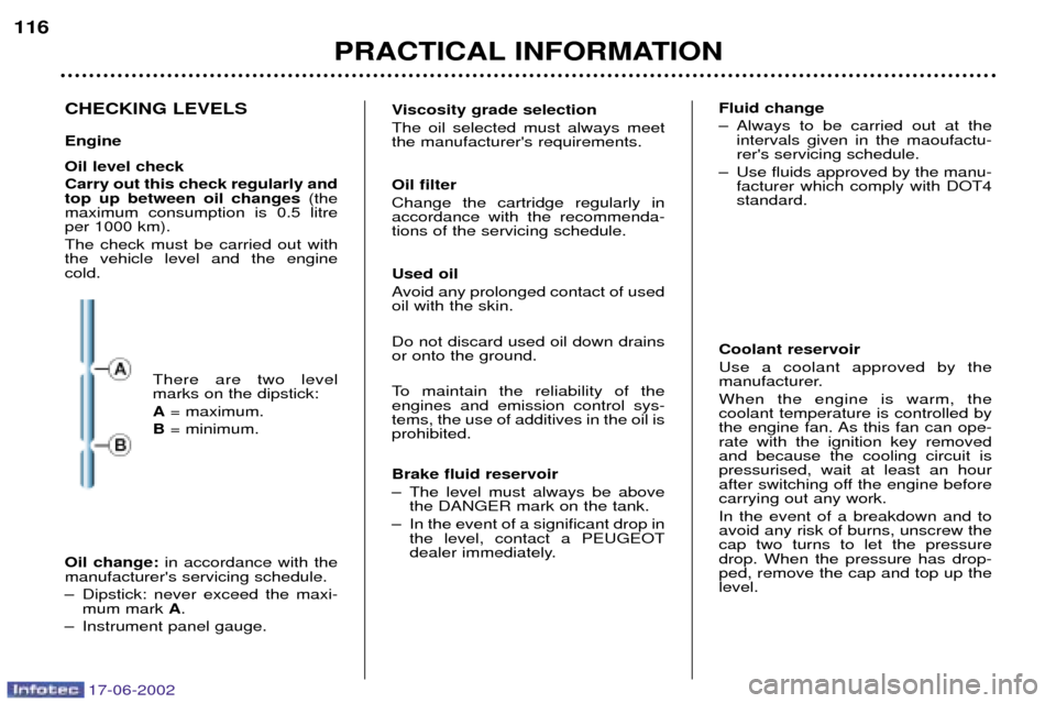 Peugeot 206 Dag 2002  Owners Manual 17-06-2002
PRACTICAL INFORMATION
116
CHECKING LEVELS Engine Oil level check Carry out this check regularly and top up between oil changes (the
maximum consumption is 0.5 litreper 1000 km). The check m