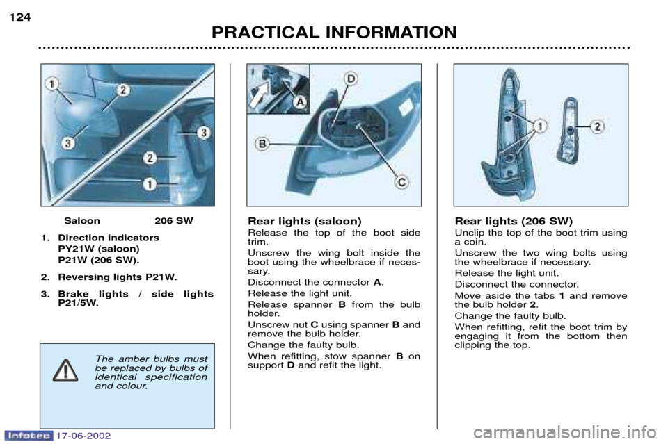 Peugeot 206 Dag 2002  Owners Manual 17-06-2002
PRACTICAL INFORMATION
124
Rear lights (saloon) Release the top of the boot side trim. Unscrew the wing bolt inside the boot using the wheelbrace if neces-
sary. Disconnect the connector 
A.