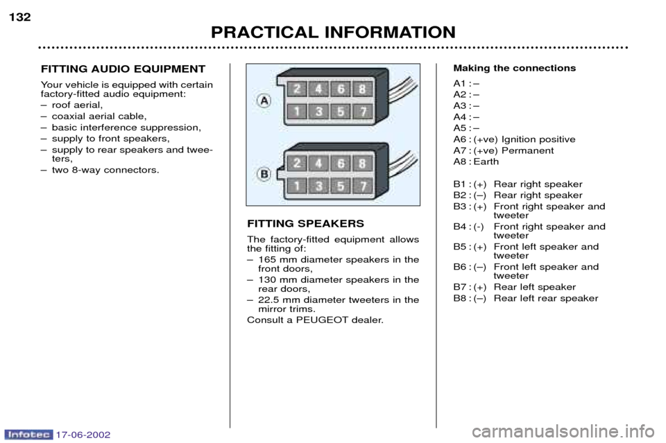 Peugeot 206 Dag 2002  Owners Manual 17-06-2002
PRACTICAL INFORMATION
132
FITTING AUDIO EQUIPMENT 
Your vehicle is equipped with certain factory-fitted audio equipment: 
Ð roof aerial,
Ð coaxial aerial cable,
Ð basic interference supp