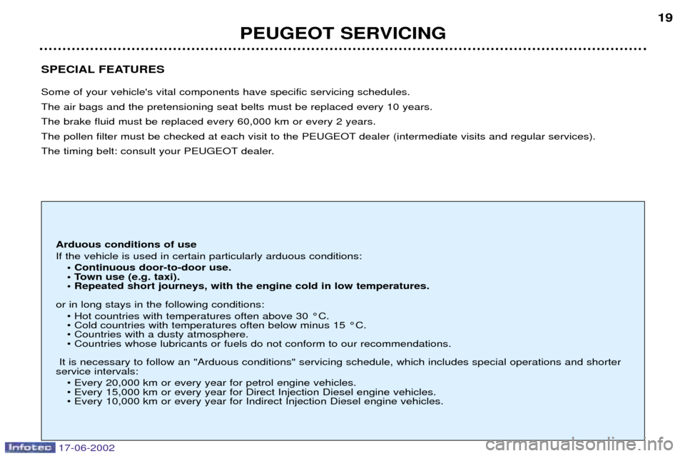 Peugeot 206 Dag 2002  Owners Manual SPECIAL FEATURES Some of your vehicles vital components have specific servicing schedules. The air bags and the pretensioning seat belts must be replaced every 10 years.The brake fluid must be replac