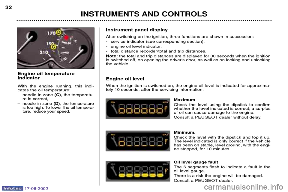 Peugeot 206 Dag 2002  Owners Manual INSTRUMENTS AND CONTROLS
32
Instrument panel display After switching on the ignition, three functions are shown in succession: 
- service indicator (see corresponding section),
- engine oil level indi