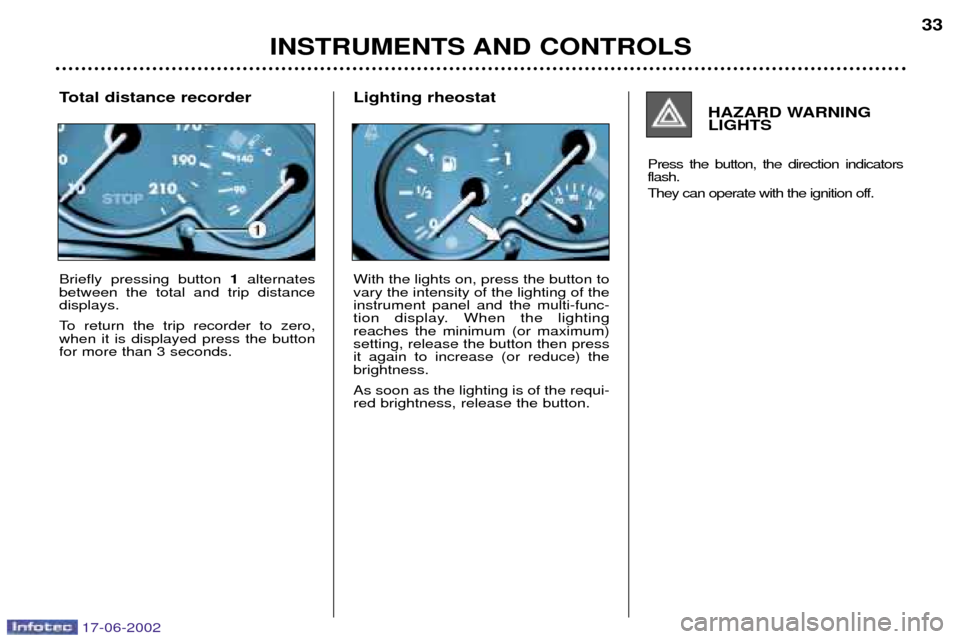 Peugeot 206 Dag 2002  Owners Manual INSTRUMENTS AND CONTROLS33
Total distance recorder Briefly pressing button  1alternates
between the total and trip distance displays. 
To return the trip recorder to zero, when it is displayed press t