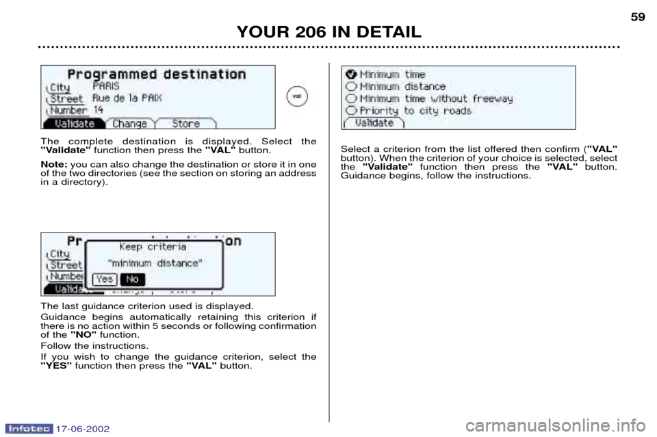 Peugeot 206 Dag 2002  Owners Manual 17-06-2002
YOUR 206 IN DETAIL59
The complete destination is displayed. Select the 
"Validate"
function then press the  "VAL"button.
Note: you can also change the destination or store it in one
of the 