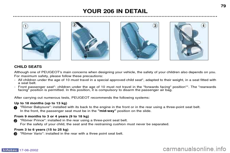Peugeot 206 Dag 2002  Owners Manual 17-06-2002
YOUR 206 IN DETAIL79
CHILD SEATS Although one of PEUGEOTs main concerns when designing your vehicle, the safety of your children also depends on you. 
For maximum safety, please follow the