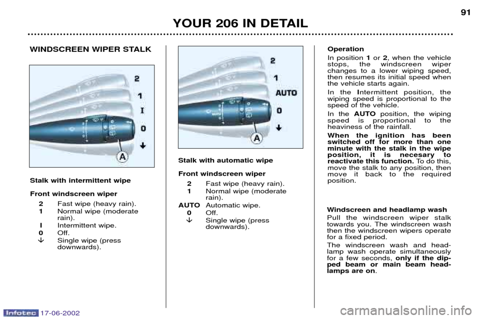 Peugeot 206 Dag 2002  Owners Manual 17-06-2002
YOUR 206 IN DETAIL91
Stalk with intermittent wipe Front windscreen wiper 2 Fast wipe (heavy rain).
1 Normal wipe (moderate rain).
I Intermittent wipe.
0 Off.
� Single wipe (pressdownwards).