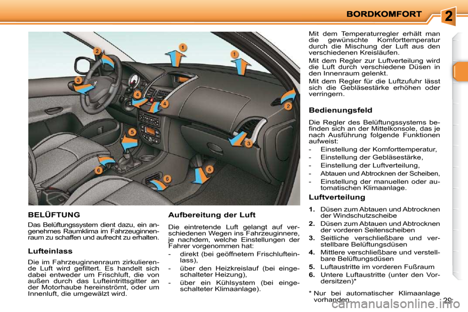 Peugeot 206 P 2010.5 Betriebsanleitung (in German) 29
BELÜFTUNG
Das Belüftungssystem dient dazu, ein an-
genehmes Raumklima im Fahrzeuginnen-
raum zu schaffen und aufrecht zu erhalten.
Aufbereitung der Luft
Die eintretende Luft gelan Peugeot 206 P 2010.5 Betriebsanleitung (in German) 29
BELÜFTUNG
Das Belüftungssystem dient dazu, ein an-
genehmes Raumklima im Fahrzeuginnen-
raum zu schaffen und aufrecht zu erhalten.
Aufbereitung der Luft
Die eintretende Luft gelan