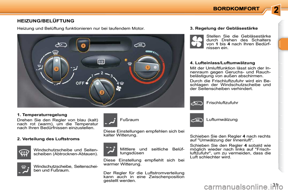 Peugeot 206 P 2010.5 Betriebsanleitung (in German) 31
HEIZUNG/BELÜFTUNG
Heizung und Belüftung funktionieren nur bei laufendem Motor.
1. Temperaturregelung
Drehen Sie den Regler von blau (kalt)
nach rot (warm), um die Temperatur Peugeot 206 P 2010.5 Betriebsanleitung (in German) 31
HEIZUNG/BELÜFTUNG
Heizung und Belüftung funktionieren nur bei laufendem Motor.
1. Temperaturregelung
Drehen Sie den Regler von blau (kalt)
nach rot (warm), um die Temperatur