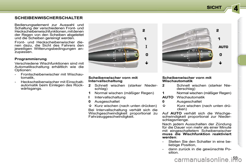 Peugeot 206 P 2010.5 Betriebsanleitung (in German) 55
SCHEIBENWISCHERSCHALTER
Bedienungselement zur Auswahl und
Schaltung der verschiedenen Front- und
Heckscheibenwischfunktionen, mit denen
der Regen von den Scheiben abgeleitet
und die Peugeot 206 P 2010.5 Betriebsanleitung (in German) 55
SCHEIBENWISCHERSCHALTER
Bedienungselement zur Auswahl und
Schaltung der verschiedenen Front- und
Heckscheibenwischfunktionen, mit denen
der Regen von den Scheiben abgeleitet
und die