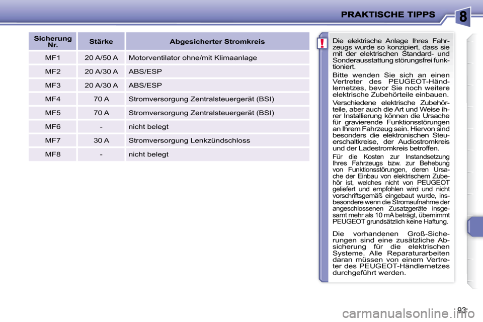 Peugeot 206 P 2010.5  Betriebsanleitung (in German) !
93
 Die  elektrische  Anlage  Ihres  Fahr- 
zeugs  wurde  so  konzipiert,  dass  sie 
mit  der  elektrischen  Standard-  und 
Sonderausstattung störungsfrei funk-
tioniert.  
 Bitte  wenden  Sie  s