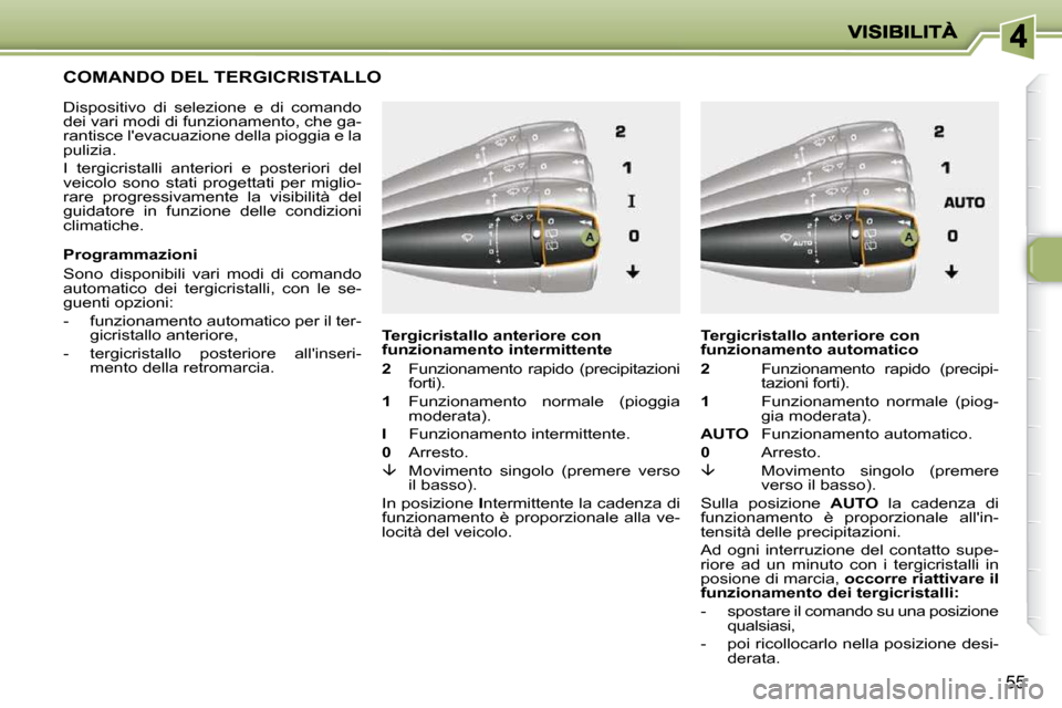 Peugeot 206 P 2010.5 Manuale del proprietario (in Italian) 55
COMANDO DEL TERGICRISTALLO
Dispositivo di selezione e di comando
dei vari modi di funzionamento, che ga-
rantisce levacuazione della pioggia e la
pulizia.
I tergicristalli anterior Peugeot 206 P 2010.5 Manuale del proprietario (in Italian) 55
COMANDO DEL TERGICRISTALLO
Dispositivo di selezione e di comando
dei vari modi di funzionamento, che ga-
rantisce levacuazione della pioggia e la
pulizia.
I tergicristalli anterior