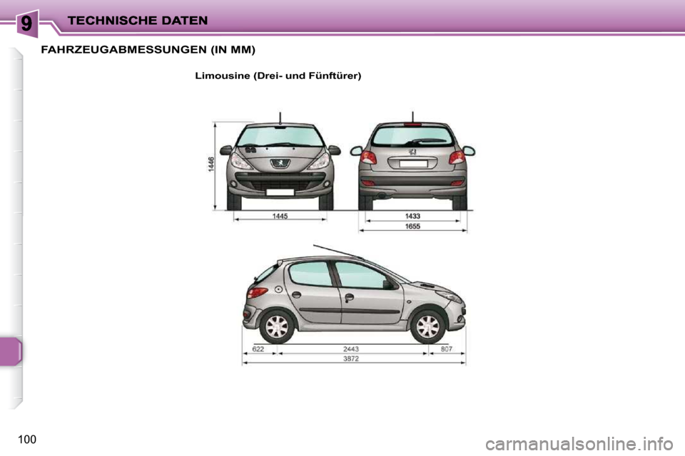 Peugeot 206 P 2010  Betriebsanleitung (in German) 100
FAHRZEUGABMESSUNGEN (IN MM) 
  
Limousine (Drei- und Fünftürer)        