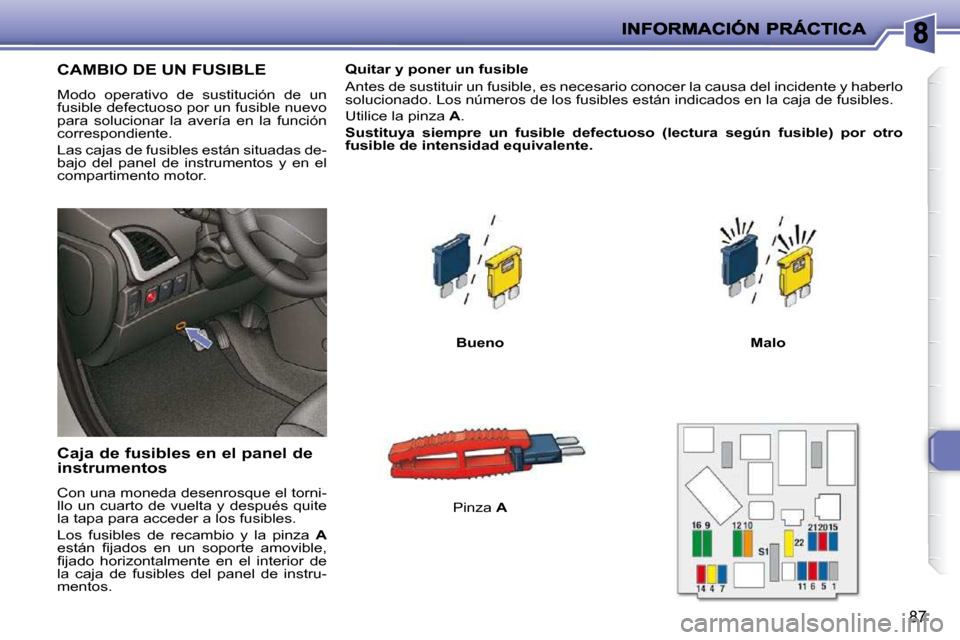 Peugeot 206 P 2010  Manual del propietario (in Spanish) 87
CAMBIO DE UN FUSIBLE 
 Modo  operativo  de  sustitución  de  un  
fusible defectuoso por un fusible nuevo 
para  solucionar  la  avería  en  la  función 
correspondiente.  
 Las cajas de fusible