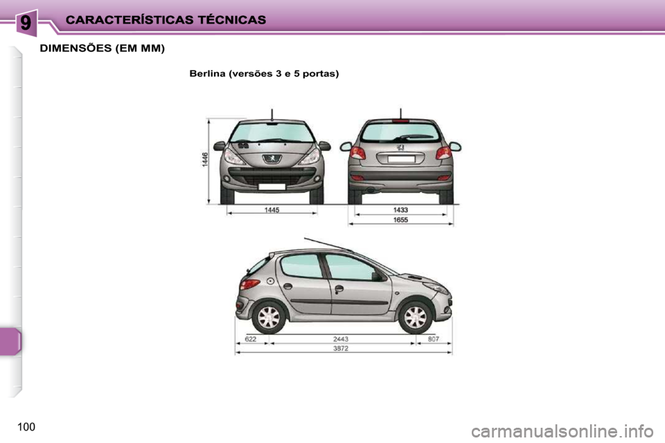 Peugeot 206 P 2010  Manual do proprietário (in Portuguese) 100
       DIMENSÕES (EM MM) 
  
Berlina (versões 3 e 5 portas)        