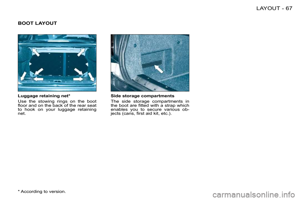 Peugeot 206 S Dag 2008  Owners Manual 67LAYOUT-
  Luggage retaining net *   
 Use  the  stowing  rings  on  the  boot  
�ﬂ� �o�o�r� �a�n�d� �o�n� �t�h�e� �b�a�c�k� �o�f� �t�h�e� �r�e�a�r� �s�e�a�t� 
to  hook  on  your  luggage  retainin