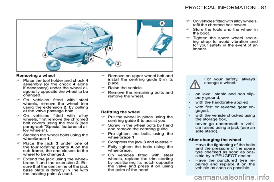 Peugeot 206 S Dag 2008  Owners Manual 81PRACTICAL INFORMATION-
  Removing a wheel  
   
� � �  �P�l�a�c�e� �t�h�e� �t�o�o�l� �h�o�l�d�e�r� �a�n�d� �c�h�o�c�k� �  4  
�a�s�s�e�m�b�l�y�  �(�o�r�  �t�h�e�  �c�h�o�c�k�  �  4� �  �a�l�o�n�e