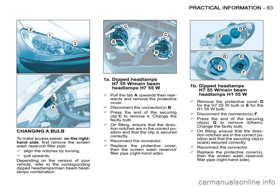 Peugeot 206 S Dag 2008  Owners Manual 83-
  1a.  Dipped headlamps H7 55 W/main beam  
headlamps H7 55 W 
   
� � �  �P�u�l�l� �t�h�e� �t�a�b� �  A� � �u�p�w�a�r�d�s� �t�h�e�n� �r�e�a�r�-
�w�a�r�d�s� �a�n�d� �r�e�m�o�v�e� �t�h�e� �p�r�o