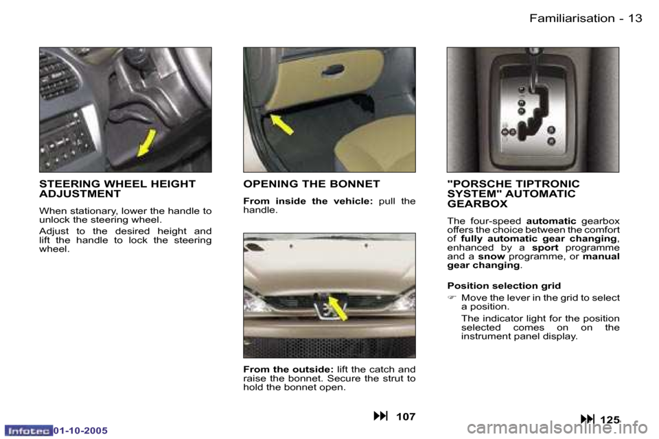 Peugeot 206 SW 2005.5  Owners Manual �F�a�m�i�l�i�a�r�i�s�a�t�i�o�n�1�2 �-
�0�1�-�1�0�-�2�0�0�5
�1�3�F�a�m�i�l�i�a�r�i�s�a�t�i�o�n�-
�0�1�-�1�0�-�2�0�0�5
�"�P�O�R�S�C�H�E� �T�I�P�T�R�O�N�I�C�  
�S�Y�S�T�E�M�"� �A�U�T�O�M�A�T�I�C� 
�G�E�A
