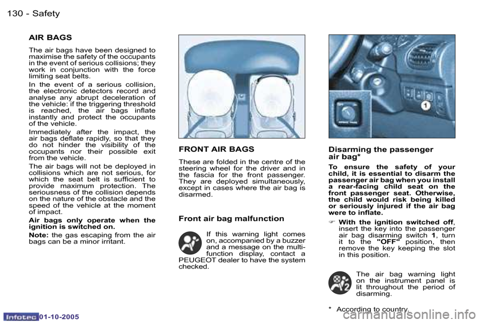 Peugeot 206 SW 2005.5  Owners Manual �S�a�f�e�t�y�1�3�0 �-
�0�1�-�1�0�-�2�0�0�5
�1�3�1�S�a�f�e�t�y�-
�0�1�-�1�0�-�2�0�0�5
�A�I�R� �B�A�G�S
�T�h�e� �a�i�r� �b�a�g�s� �h�a�v�e� �b�e�e�n� �d�e�s�i�g�n�e�d� �t�o�  
�m�a�x�i�m�i�s�e� �t�h�e� 