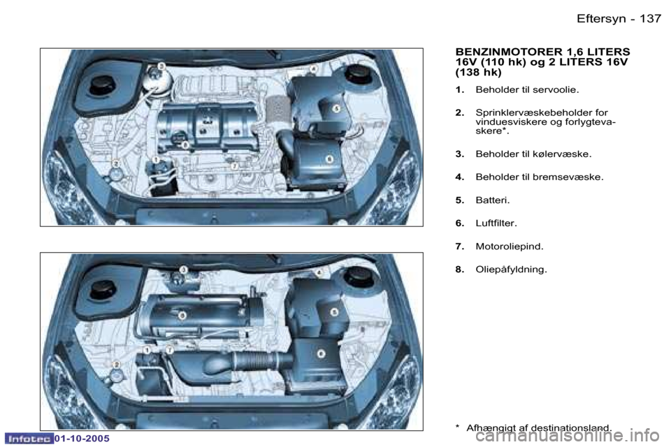 Peugeot 206 SW 2005.5  Instruktionsbog (in Danish) �E�f�t�e�r�s�y�n�1�3�6 �-
�0�1�-�1�0�-�2�0�0�5
�1�3�7�E�f�t�e�r�s�y�n�-
�0�1�-�1�0�-�2�0�0�5
�B�E�N�Z�I�N�M�O�T�O�R�E�R� �1�,�6� �L�I�T�E�R�S�  
�1�6�V� �(�1�1�0� �h�k�)� �o�g� �2� �L�I�T�E�R�S� �1�6�