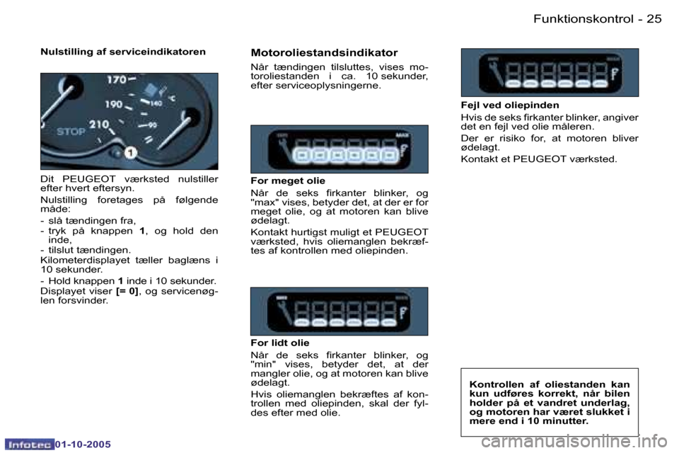 Peugeot 206 SW 2005.5  Instruktionsbog (in Danish) �F�u�n�k�t�i�o�n�s�k�o�n�t�r�o�l�2�4 �-
�0�1�-�1�0�-�2�0�0�5
�2�5�F�u�n�k�t�i�o�n�s�k�o�n�t�r�o�l�-
�0�1�-�1�0�-�2�0�0�5
�N�u�l�s�t�i�l�l�i�n�g� �a�f� �s�e�r�v�i�c�e�i�n�d�i�k�a�t�o�r�e�n 
�D�i�t�  �P