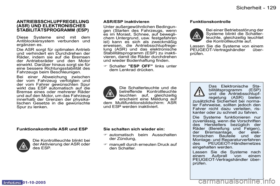 Peugeot 206 SW 2005.5  Betriebsanleitung (in German) �S�i�c�h�e�r�h�e�i�t
�1�2�8 �-
�0�1�-�1�0�-�2�0�0�5
�1�2�9
�S�i�c�h�e�r�h�e�i�t
�-
�0�1�-�1�0�-�2�0�0�5
�A�N�T�R�I�E�B�S�S�C�H�L�U�P�F�R�E�G�E�L�U�N�G�  
�(�A�S�R�)� �U�N�D� �E�L�E�K�T�R�O�N�I�S�C�H�E