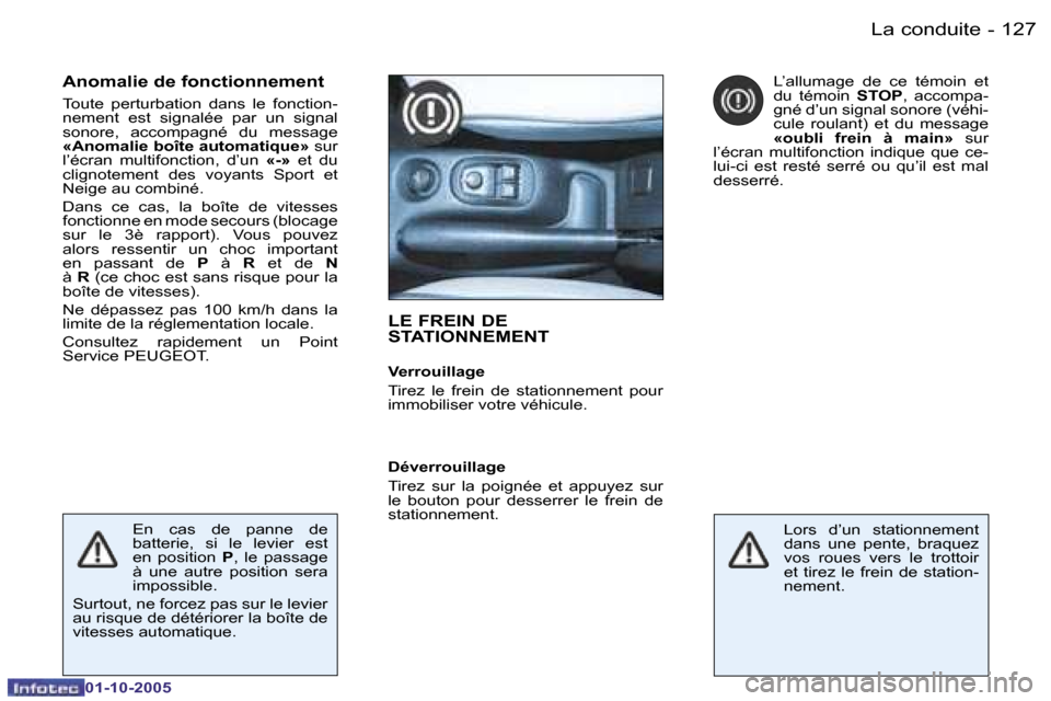 Peugeot 206 SW 2005.5  Manuel du propriétaire (in French) �L�a� �c�o�n�d�u�i�t�e�1�2�6 �-
�0�1�-�1�0�-�2�0�0�5
�1�2�7�L�a� �c�o�n�d�u�i�t�e�-
�0�1�-�1�0�-�2�0�0�5
�L�E� �F�R�E�I�N� �D�E�  
�S�T�A�T�I�O�N�N�E�M�E�N�T
�V�e�r�r�o�u�i�l�l�a�g�e 
�T�i�r�e�z�  �l�