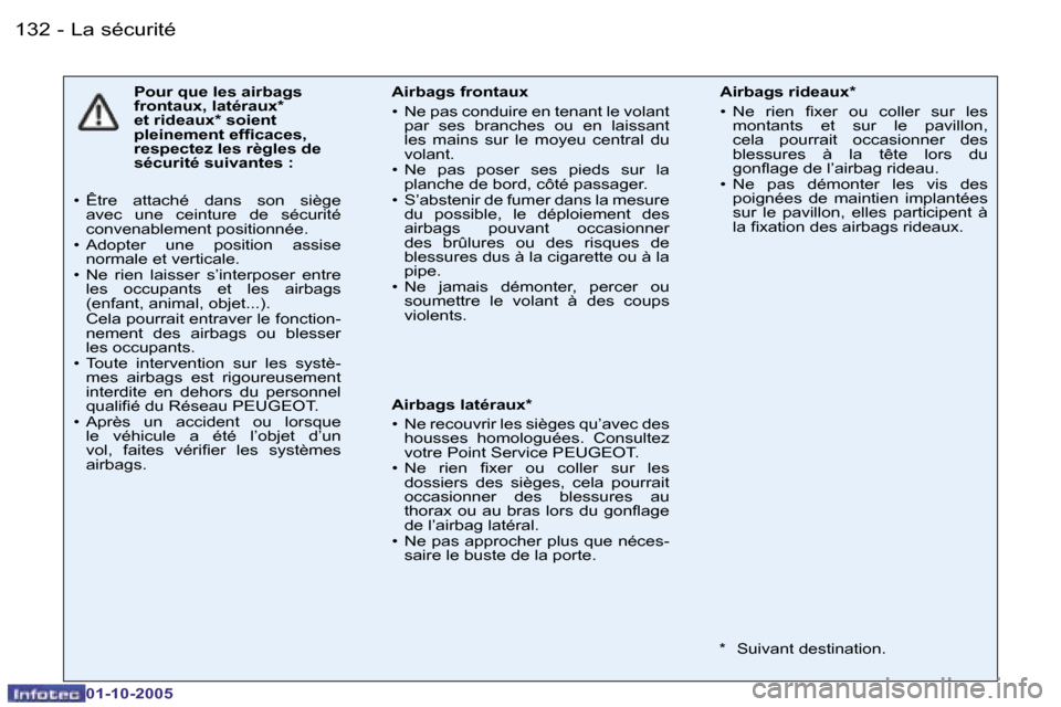 Peugeot 206 SW 2005.5  Manuel du propriétaire (in French) �L�a� �s�é�c�u�r�i�t�é�1�3�2 �-
�0�1�-�1�0�-�2�0�0�5
�1�3�3�L�a� �s�é�c�u�r�i�t�é�-
�0�1�-�1�0�-�2�0�0�5
�P�o�u�r� �q�u�e� �l�e�s� �a�i�r�b�a�g�s�  
�f�r�o�n�t�a�u�x�,� �l�a�t�é�r�a�u�x�*� 
�e�t�