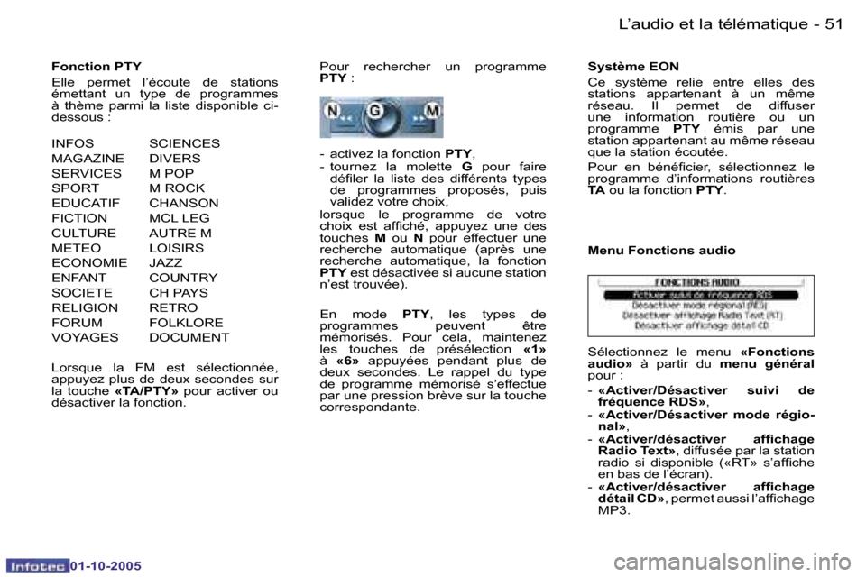 Peugeot 206 SW 2005.5  Manuel du propriétaire (in French) �5�0 �-�L�’�a�u�d�i�o� �e�t� �l�a� �t�é�l�é�m�a�t�i�q�u�e
�0�1�-�1�0�-�2�0�0�5
�5�1
�-�L�’�a�u�d�i�o� �e�t� �l�a� �t�é�l�é�m�a�t�i�q�u�e
�0�1�-�1�0�-�2�0�0�5
�F�o�n�c�t�i�o�n� �P�T�Y 
�E�l�l�e