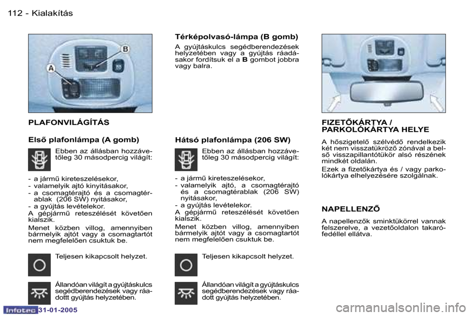 Peugeot 206 SW 2004.5  Kezelési útmutató (in Hungarian) �1�1�2 �-
�3�1�-�0�1�-�2�0�0�5
�1�1�3
�-
�3�1�-�0�1�-�2�0�0�5
�P�L�A�F�O�N�V�I�L�Á�G�Í�T�Á�S
�E�l�s5� �p�l�a�f�o�n�l�á�m�p�a� �(�A� �g�o�m�b�) �T�é�r�k�é�p�o�l�v�a�s�ó�-�l�á�m�p�a� �(�B� �g�o