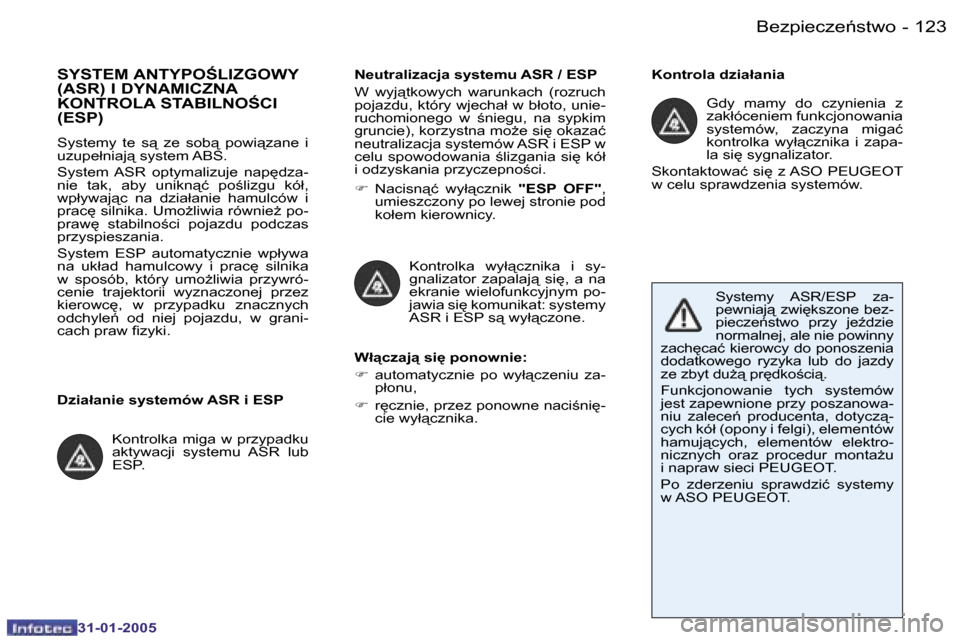 Peugeot 206 SW 2004.5  Instrukcja Obsługi (in Polish) �1�2�2 �-
�3�1�-�0�1�-�2�0�0�5
�1�2�3
�-
�3�1�-�0�1�-�2�0�0�5
�S�Y�S�T�E�M� �A�N�T�Y�P�O:�L�I�Z�G�O�W�Y�  
�(�A�S�R�)� �I� �D�Y�N�A�M�I�C�Z�N�A� 
�K�O�N�T�R�O�L�A� �S�T�A�B�I�L�N�O:�C�I� �(�E�S�P�)
