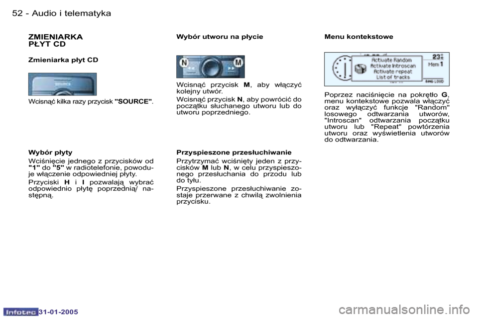 Peugeot 206 SW 2004.5  Instrukcja Obsługi (in Polish) �5�2 �-
�3�1�-�0�1�-�2�0�0�5
�5�3
�-
�3�1�-�0�1�-�2�0�0�5
�W�c�i�s�n"�ć�  �p�r�z�y�c�i�s�k�  �M�,�  �a�b�y�  �w�ł"�c�z�y�ć� 
�k�o�l�e�j�n�y� �u�t�w�ó�r�.�  
�W�c�i�s�n"�ć� �p�r�z�y�c�i�s�k�  �
