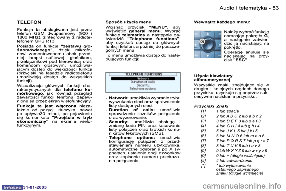 Peugeot 206 SW 2004.5  Instrukcja Obsługi (in Polish) �5�2 �-
�3�1�-�0�1�-�2�0�0�5
�5�3
�-
�3�1�-�0�1�-�2�0�0�5
�T�E�L�E�F�O�N
�F�u�n�k�c�j�a�  �t�a�  �o�b�s�ł�u�g�i�w�a�n�a�  �j�e�s�t�  �p�r�z�e�z�  
�t�e�l�e�f�o�n�  �G�S�M�  �d�w�u�p�a�s�m�o�w�y�  �(�