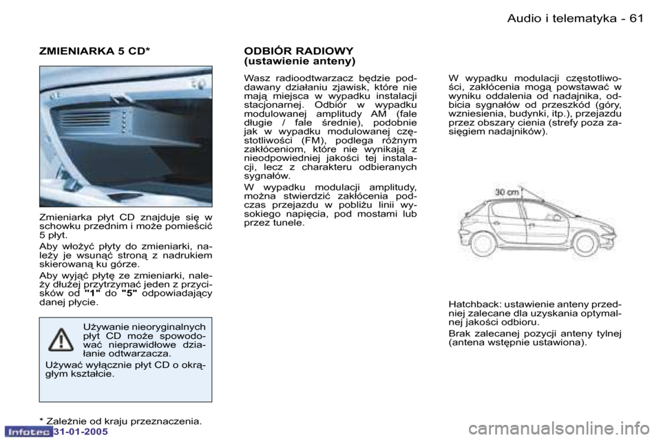 Peugeot 206 SW 2004.5  Instrukcja Obsługi (in Polish) �6�0 �-
�3�1�-�0�1�-�2�0�0�5
�6�1
�-
�3�1�-�0�1�-�2�0�0�5
�Z�M�I�E�N�I�A�R�K�A� �5� �C�D�*
�Z�m�i�e�n�i�a�r�k�a�  �p�ł�y�t�  �C�D�  �z�n�a�j�d�u�j�e�  �s�i
�  �w�  
�s�c�h�o�w�k�u� �p�r�z�e�d�n�i�m�