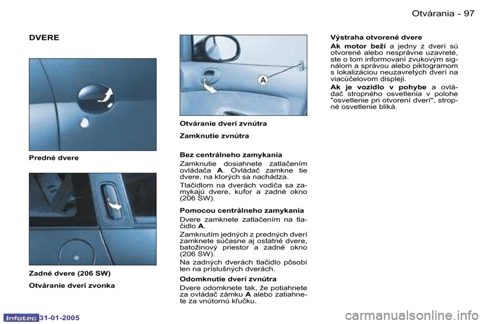 Peugeot 206 SW 2004.5  Užívateľská príručka (in Slovak) �9�6 �-
�3�1�-�0�1�-�2�0�0�5
�9�7
�-
�3�1�-�0�1�-�2�0�0�5
�D�V�E�R�E
�P�r�e�d�n�é� �d�v�e�r�e�  
�Z�a�d�n�é� �d�v�e�r�e� �(�2�0�6� �S�W�) 
�O�t�v�á�r�a�n�i�e� �d�v�e�r�í� �z�v�o�n�k�a �O�t�v�á�r�