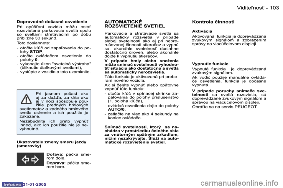 Peugeot 206 SW 2004.5  Užívateľská príručka (in Slovak) �1�0�2 �-
�3�1�-�0�1�-�2�0�0�5
�1�0�3
�-
�3�1�-�0�1�-�2�0�0�5
�D�o�p�r�o�v�o�d�n�é� �d�o�č�a�s�n�é� �o�s�v�e�t�l�e�n�i�e 
�P�r�i�  �o�p�ú�š"�a�n�í�  �v�o�z�i�d�l�a�  �m�ô�ž�u�  �o�s�t�a"�  
