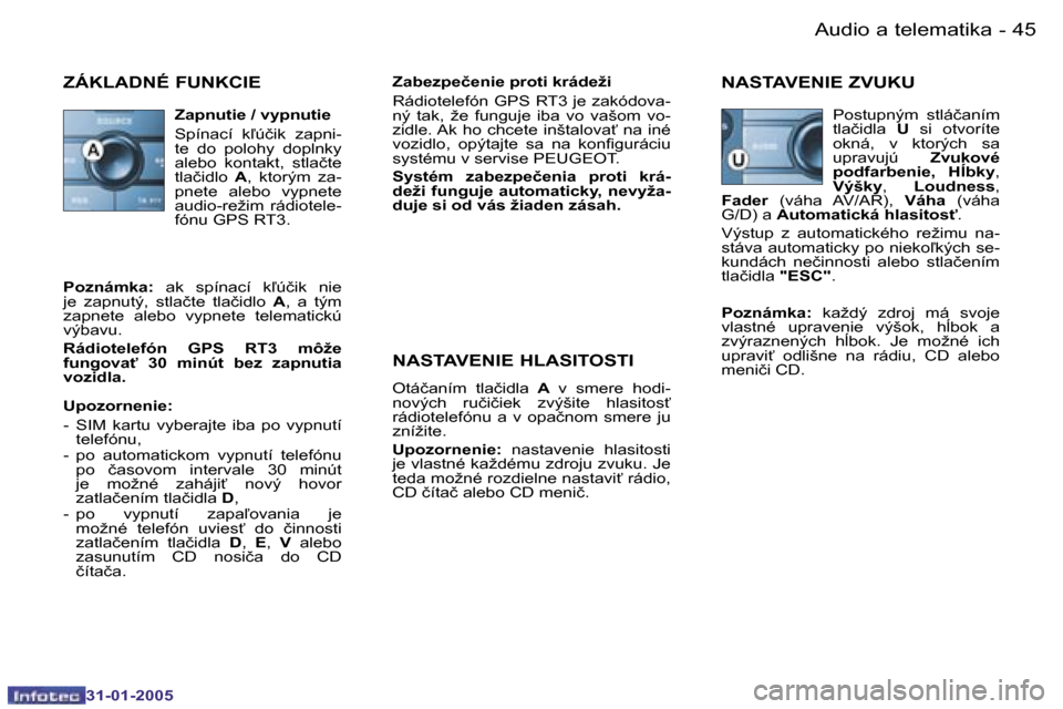 Peugeot 206 SW 2004.5  Užívateľská príručka (in Slovak) �4�4 �-
�3�1�-�0�1�-�2�0�0�5
�4�5
�-
�3�1�-�0�1�-�2�0�0�5
�Z�Á�K�L�A�D�N�É� �F�U�N�K�C�I�E�Z�a�b�e�z�p�e�č�e�n�i�e� �p�r�o�t�i� �k�r�á�d�e�ž�i 
�R�á�d�i�o�t�e�l�e�f�ó�n� �G�P�S� �R�T�3� �j�e� �